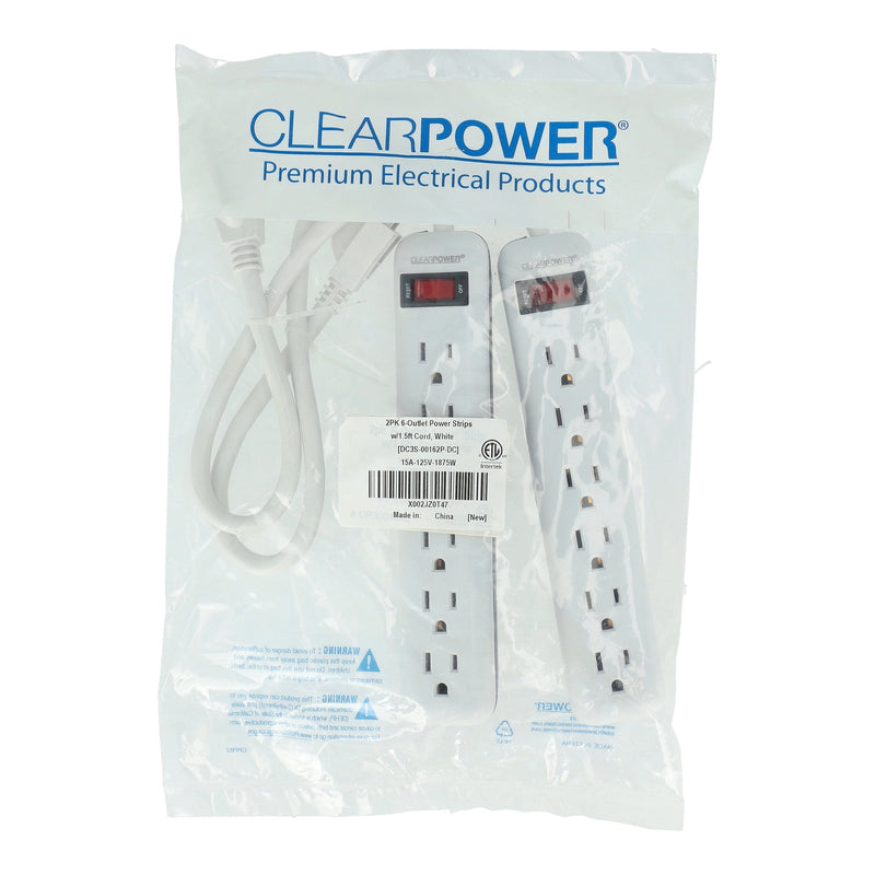 CLEAR POWER 2pk 1.5' CORD 6 OUTLET POWER STRIP C-ETL-US