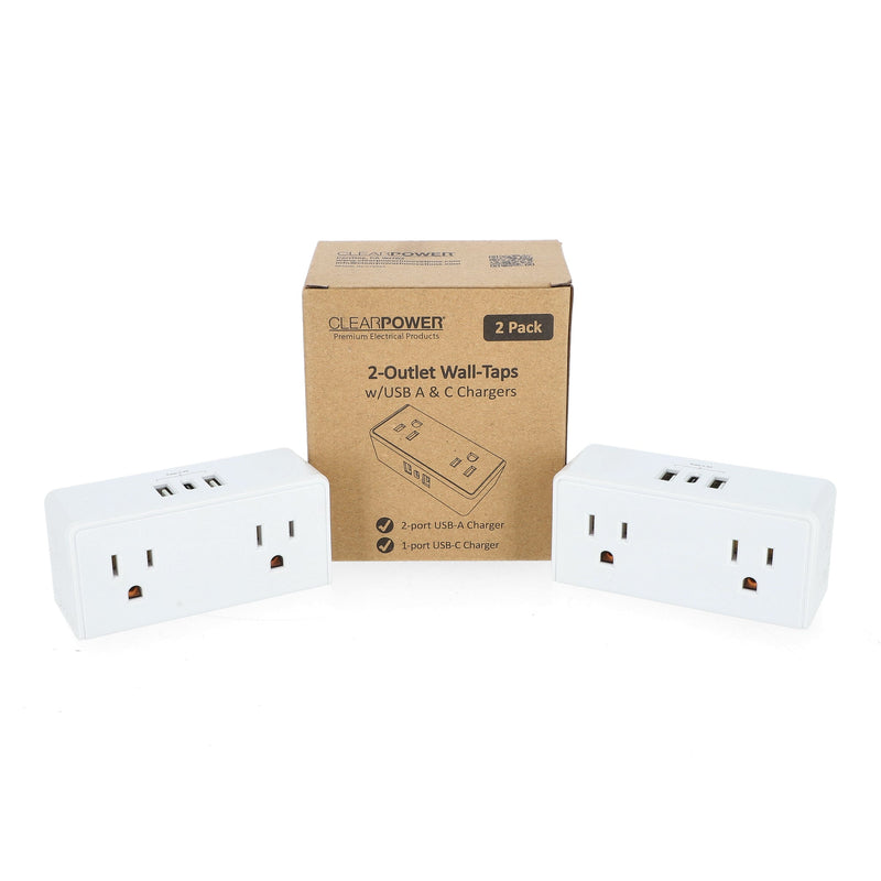 CLEAR POWER 2PK 2 OUTLET WALL TAPS WITH 2USB-A & 1USB-C CHARGING PORTS C-ETL-US
