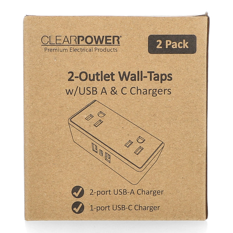 CLEAR POWER 2PK 2 OUTLET WALL TAPS WITH 2USB-A & 1USB-C CHARGING PORTS C-ETL-US
