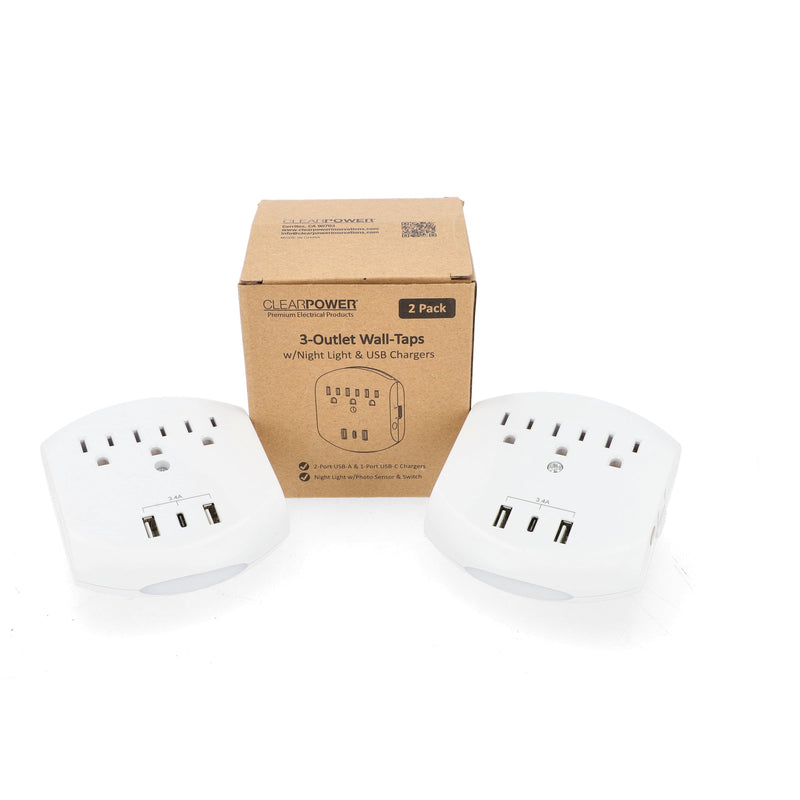 CLEAR POWER 2PK 3 OUTLET WALL TAPS WITH USB-A AND USB-C CHARGING PORTS AND AUTOMATIC NIGHT LIGHT C-