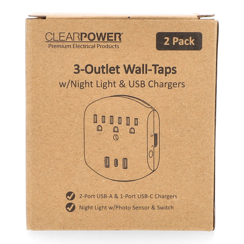 CLEAR POWER 2PK 3 OUTLET WALL TAPS WITH USB-A AND USB-C CHARGING PORTS AND AUTOMATIC NIGHT LIGHT C-