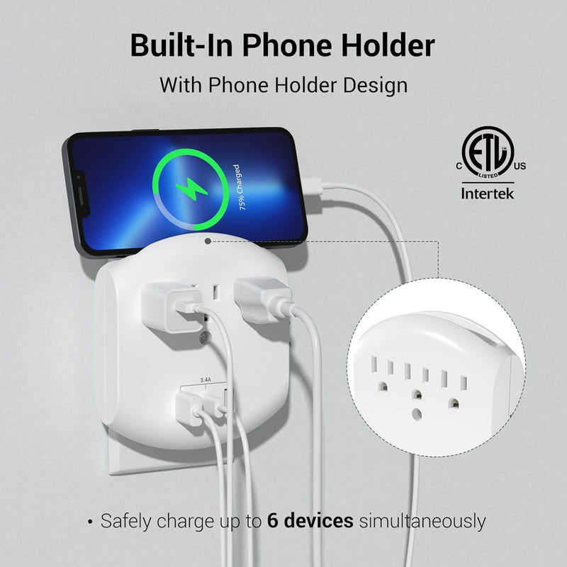 CLEAR POWER 2PK 3 OUTLET WALL TAPS WITH USB-A AND USB-C CHARGING PORTS AND AUTOMATIC NIGHT LIGHT C-