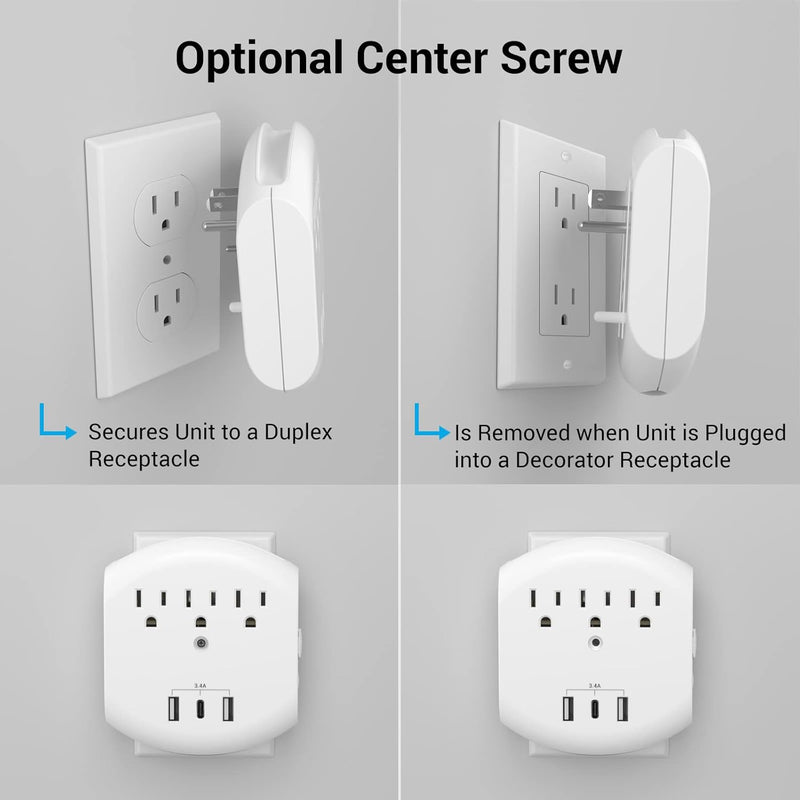 CLEAR POWER 2PK 3 OUTLET WALL TAPS WITH USB-A AND USB-C CHARGING PORTS AND AUTOMATIC NIGHT LIGHT C-