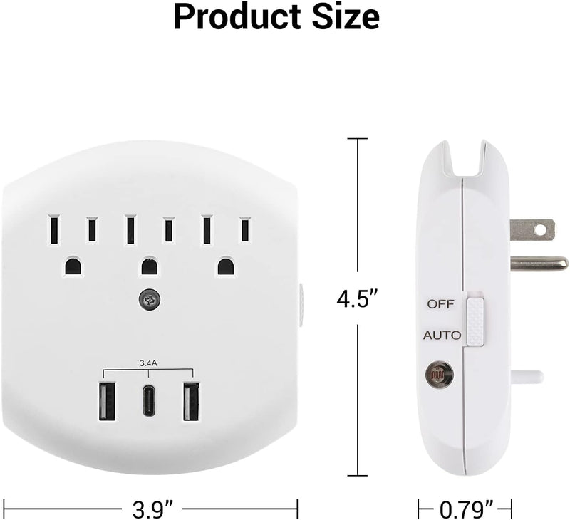 CLEAR POWER 2PK 3 OUTLET WALL TAPS WITH USB-A AND USB-C CHARGING PORTS AND AUTOMATIC NIGHT LIGHT C-