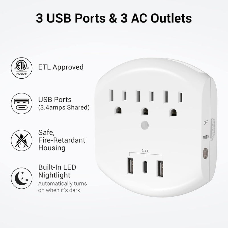 CLEAR POWER 2PK 3 OUTLET WALL TAPS WITH USB-A AND USB-C CHARGING PORTS AND AUTOMATIC NIGHT LIGHT C-