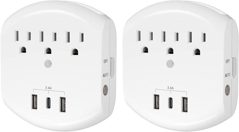 CLEAR POWER 2PK 3 OUTLET WALL TAPS WITH USB-A AND USB-C CHARGING PORTS AND AUTOMATIC NIGHT LIGHT C-