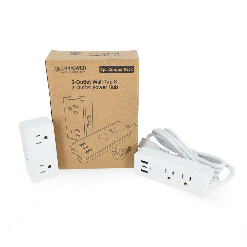 CLEAR POWER COMBO PK 2 OUTLET POWER HUB & 2 OUTLET WALL TAP USB-A & USB-C CHARGING PORT