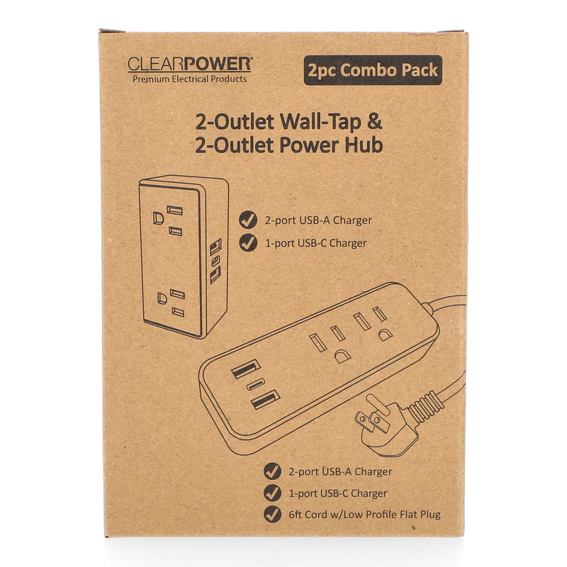 CLEAR POWER COMBO PK 2 OUTLET POWER HUB & 2 OUTLET WALL TAP USB-A & USB-C CHARGING PORT
