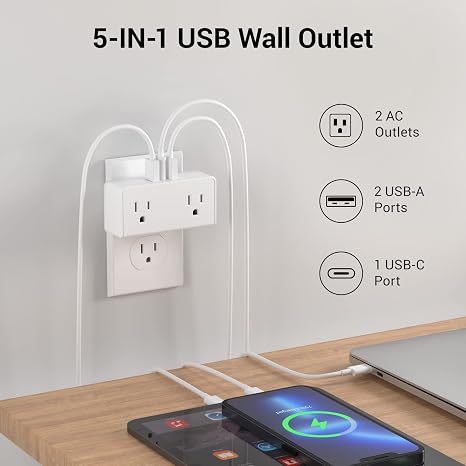 CLEAR POWER COMBO PK 2 OUTLET POWER HUB & 2 OUTLET WALL TAP USB-A & USB-C CHARGING PORT