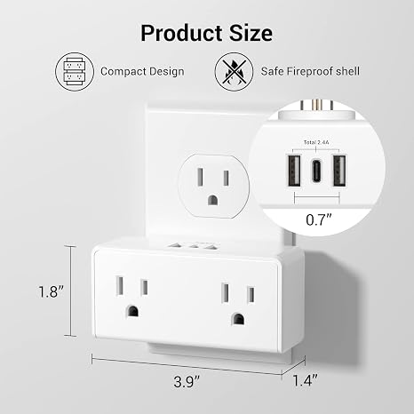 CLEAR POWER COMBO PK 2 OUTLET POWER HUB & 2 OUTLET WALL TAP USB-A & USB-C CHARGING PORT