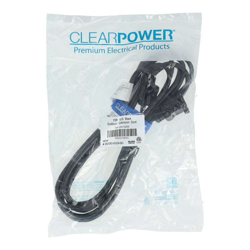 CLEAR POWER 15' 16/3 OUTDOOR EXTENSION CORD WITH CORD STRAP C-ETL-US