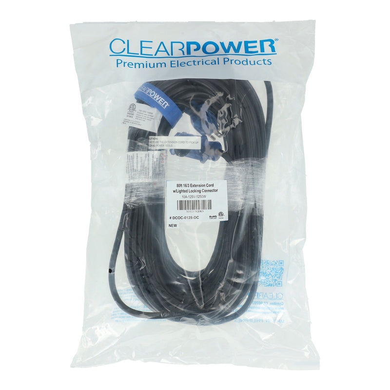 CLEAR POWER 80' 16/3 OUTDOOR EXTENSION CORD w/LIGHTED LOCKING CONNECTOR C-ETL-US