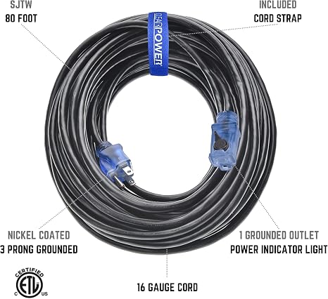 CLEAR POWER 80' 16/3 OUTDOOR EXTENSION CORD w/LIGHTED LOCKING CONNECTOR C-ETL-US