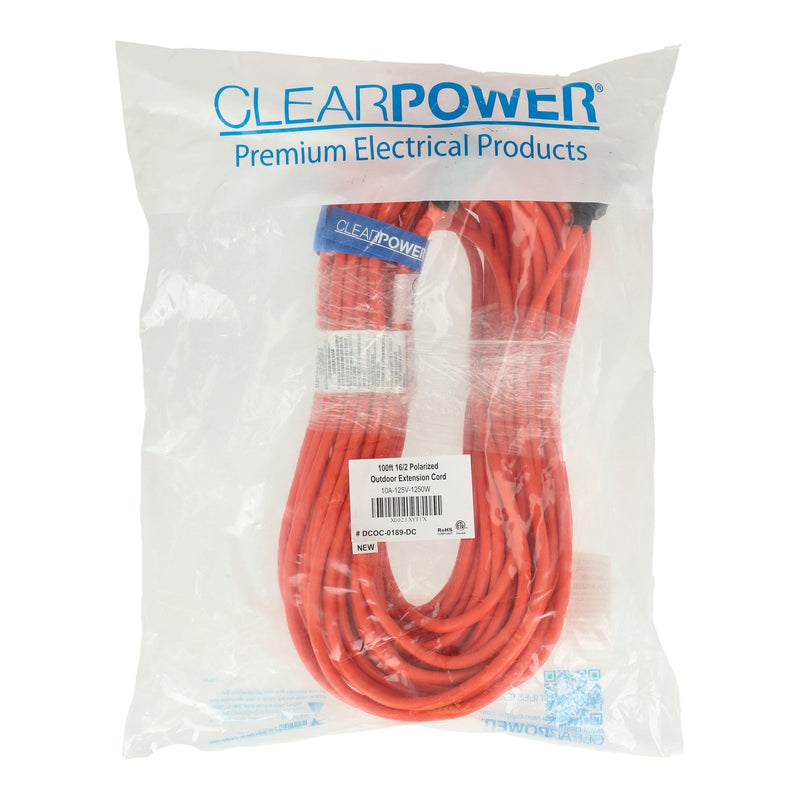 CLEAR POWER 100' 16/2 OUTDOOR EXTENSION CORD w/CORD STRAP C-ETL-US