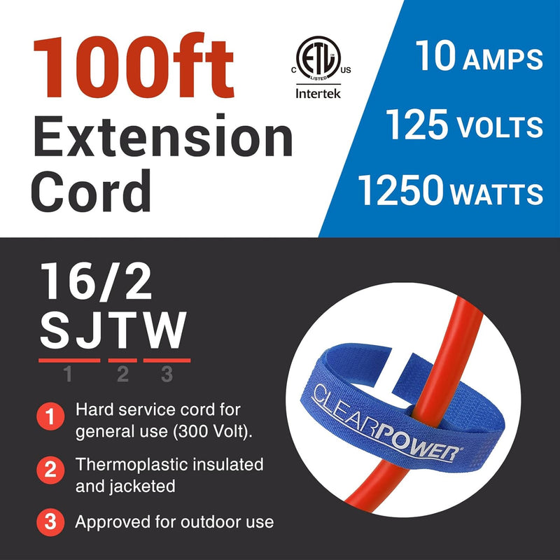 CLEAR POWER 100' 16/2 OUTDOOR EXTENSION CORD w/CORD STRAP C-ETL-US
