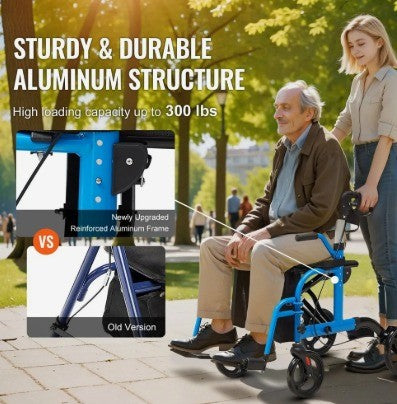 VEVOR 2 -in-1 WALKER & TRANSPOT CHAIR WITH ALL TERRAIN WHEELS 300LB CAPACTIY