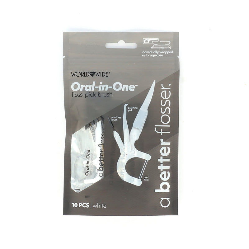 ORAL-IN-ONE 10PK WHITE FLOSS PICK BRUSH INDIVIDUALLY WRAPPED