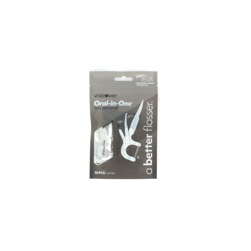 ORAL-IN-ONE 10PK WHITE FLOSS PICK BRUSH INDIVIDUALLY WRAPPED