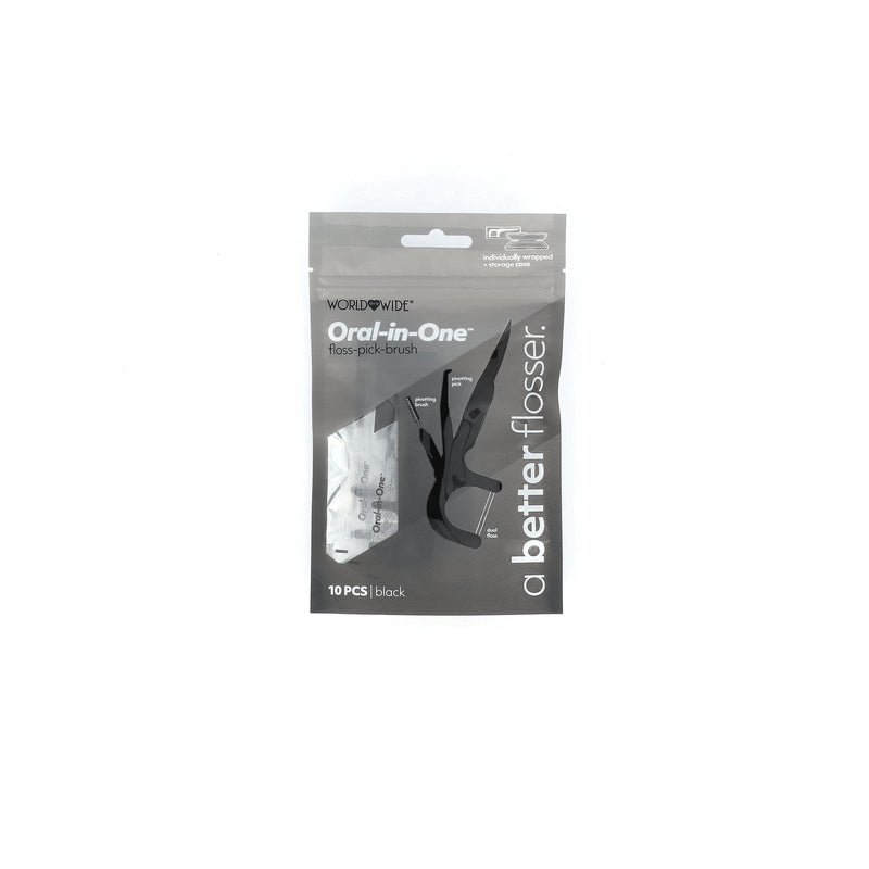ORAL-IN-ONE 10PK BLACK FLOSS PICK BRUSH INDIVIDUALLY WRAPPED