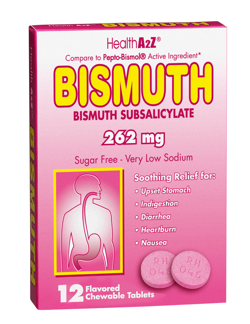 A2Z 12ct PINK BISMUTH CHEWABLE TABLETS 262mg (COMPARE TO PEPTO BISMOL)