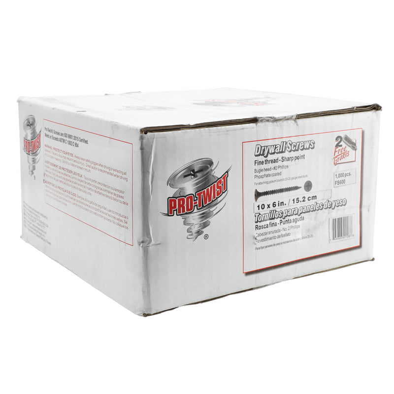 PRO-TWIST 1000CT DRYWALL SCREWS #10x6'' BUGLE HEAD #2PH FINE THREAD SHARP POINT