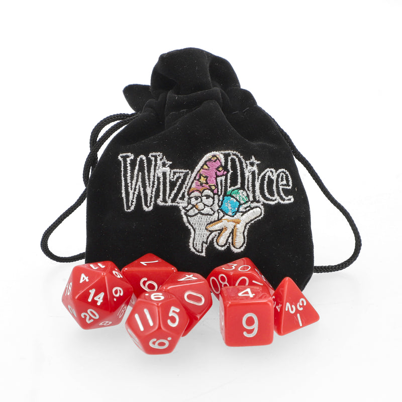 WIZ-DICE 7CT POLYHEDRAL RPG GAMING DICE WITH VELVET POUCH SOLID RED