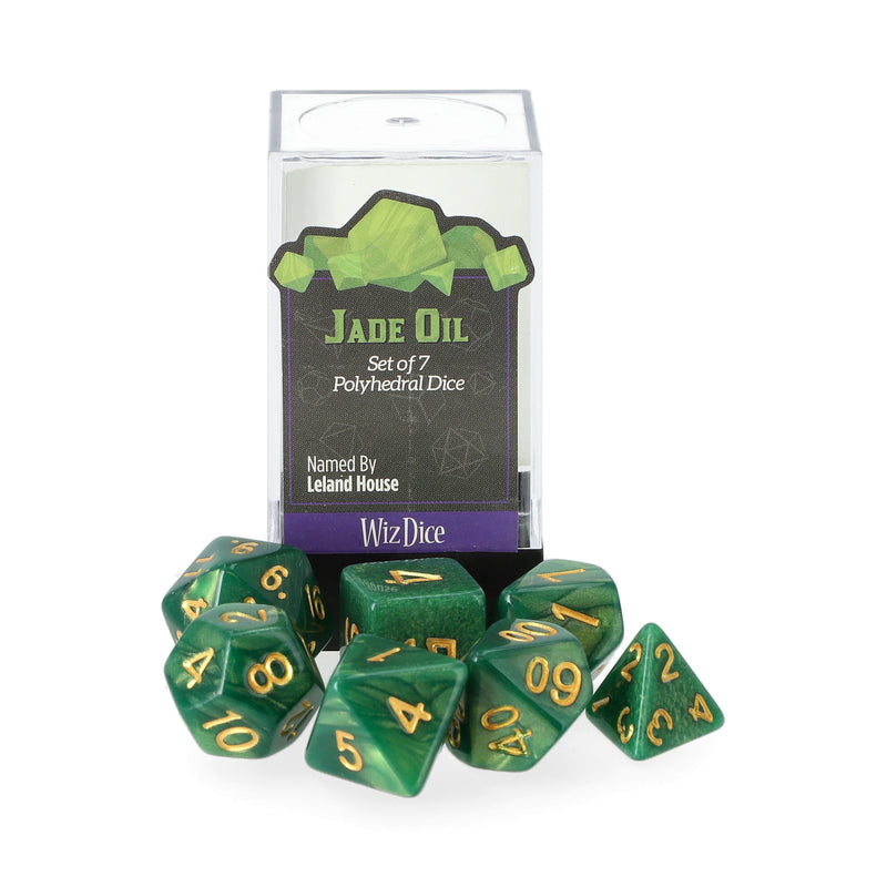 WIZ-DICE 7CT POLYHEDRAL RPG GAMING DICE SET IN STAND UP BOX JADE OIL