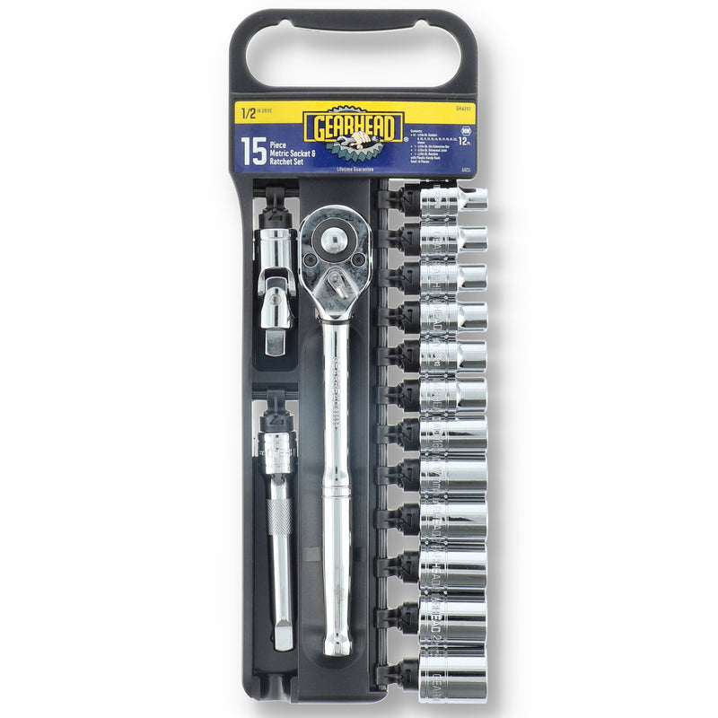 15pc 1/2" DRIVE SOCKET SET METRIC QUICK RELEASE RATCHET