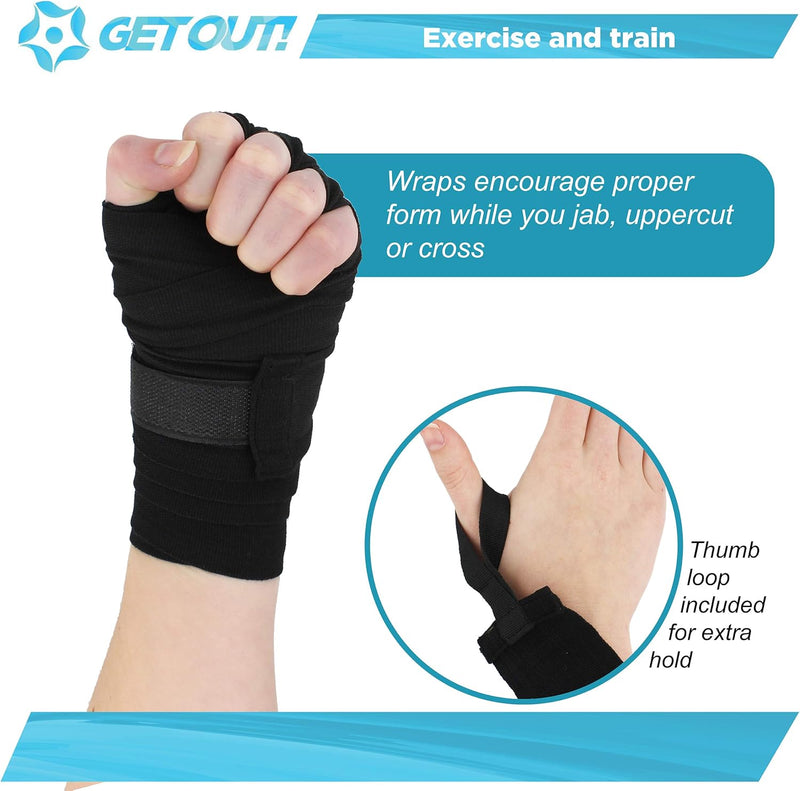 GET OUT 2 PACK 180'' BLACK BOXING HAND WRAPS