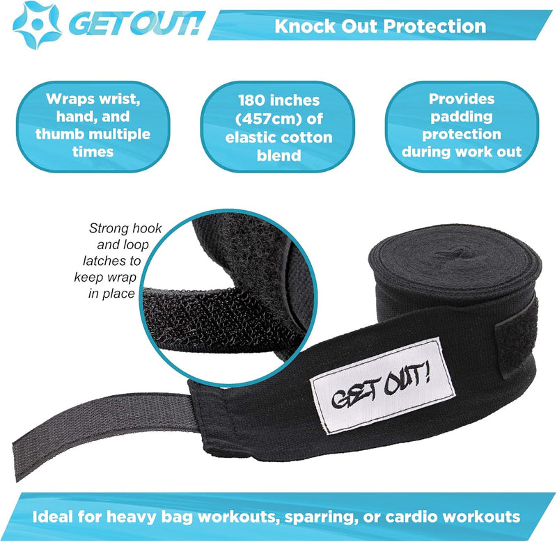 GET OUT 2 PACK 180'' BLACK BOXING HAND WRAPS