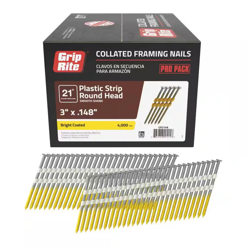 GRIP-RITE 4,000PC COLLATED FRAMING NAILS 21Ã‚Â° PLASTIC STRIP ROUND HEAD 3-1/4''x.148 SCREW