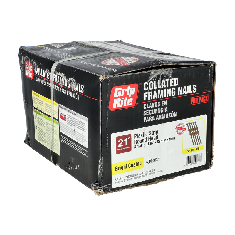 GRIP-RITE 4,000PC COLLATED FRAMING NAILS 21Ã‚Â° PLASTIC STRIP ROUND HEAD 3-1/4''x.148 SCREW