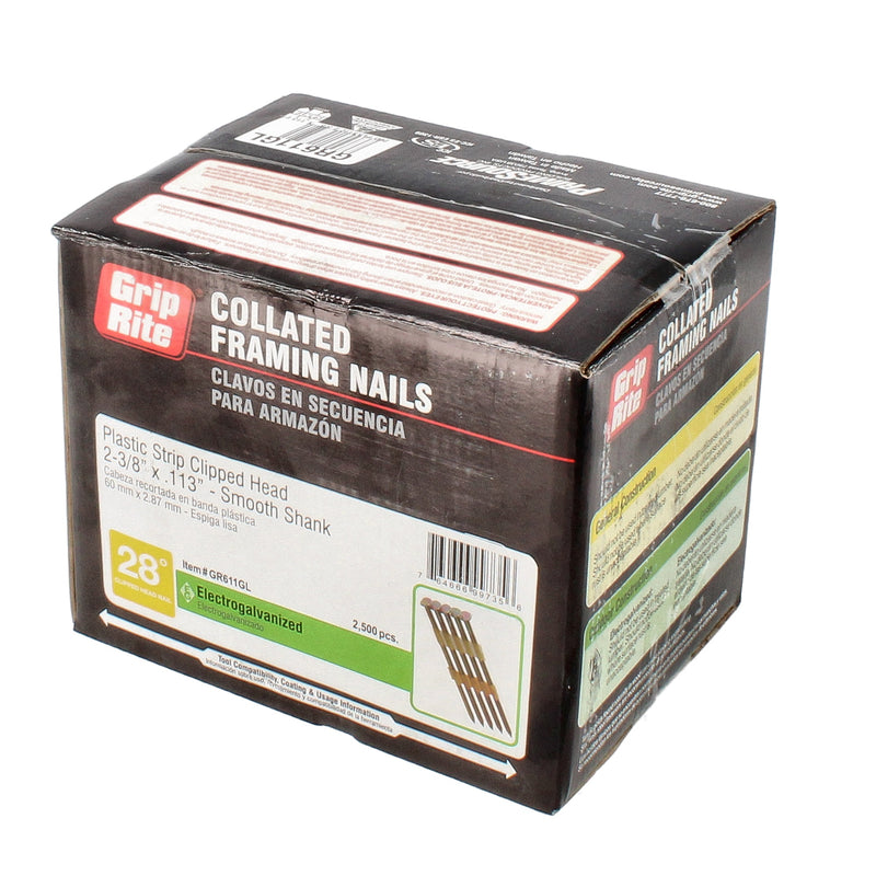 GRIP-RITE 2500CT COLLATED FRAMING NAILS 28Ã‚Â° PLASTIC STRIP CLIPPED HEAD 2 3/8''x.113 SMOOTH