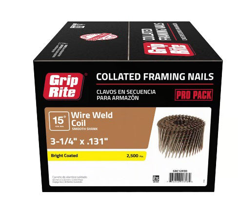 GRIP-RITE 2500PC COLATED FRAMING NAILS 15Ã‚Â° WIRE WELD COIL 3-1/4''X.131 EG SMOOTH SHANK