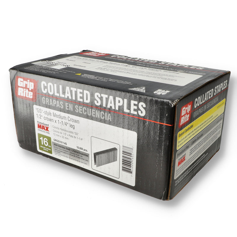 GRIP-RITE 10,000ct 16ga 1/2'' CROWN 1-1/4'' STAINLESS COLLATED STAPLES GS STYLE MEDIUM CR