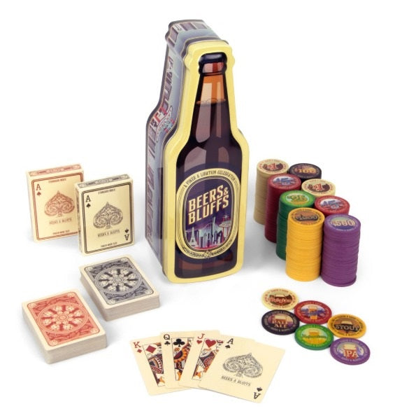 BEERS & BLUFFS 200 CHIP 2 DECK POKER CHIP SET IN BEER TIN