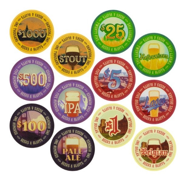 BEERS & BLUFFS 200 CHIP 2 DECK POKER CHIP SET IN BEER TIN