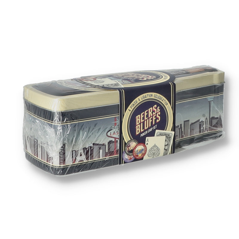BEERS & BLUFFS 200 CHIP 2 DECK POKER CHIP SET IN BEER TIN