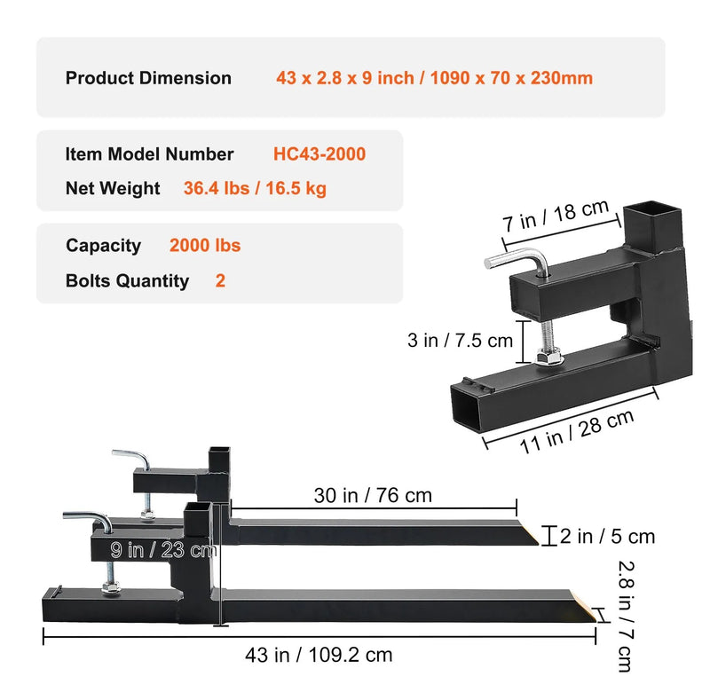 VEVOR 43'' CLAMP-ON PALLET FORKS 2,000LB CAPACITY