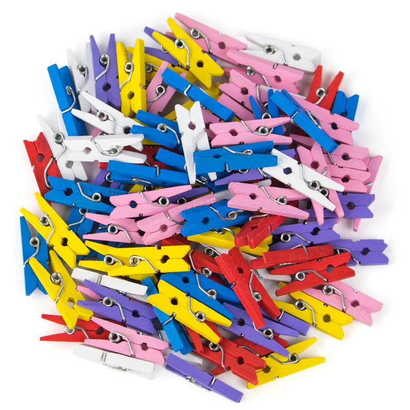 100pk 1'' MINI WOOD CLOTHES PINS ASSORTED COLORS