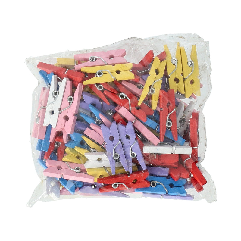 100pk 1'' MINI WOOD CLOTHES PINS ASSORTED COLORS