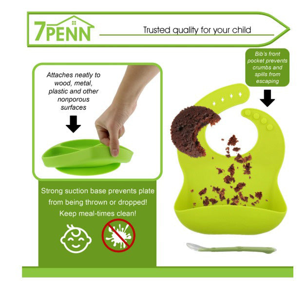 7PENN SILICONE SUCTION CUP BABY PLATE WITH BIB & SPOON