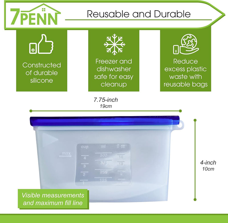 7PENN 2PK 500ML REUSABLE SILICONE FOOD BAGS GREEN