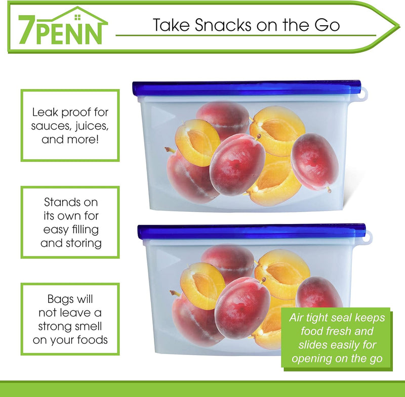 7PENN 2PK 500ML REUSABLE SILICONE FOOD BAGS GREEN
