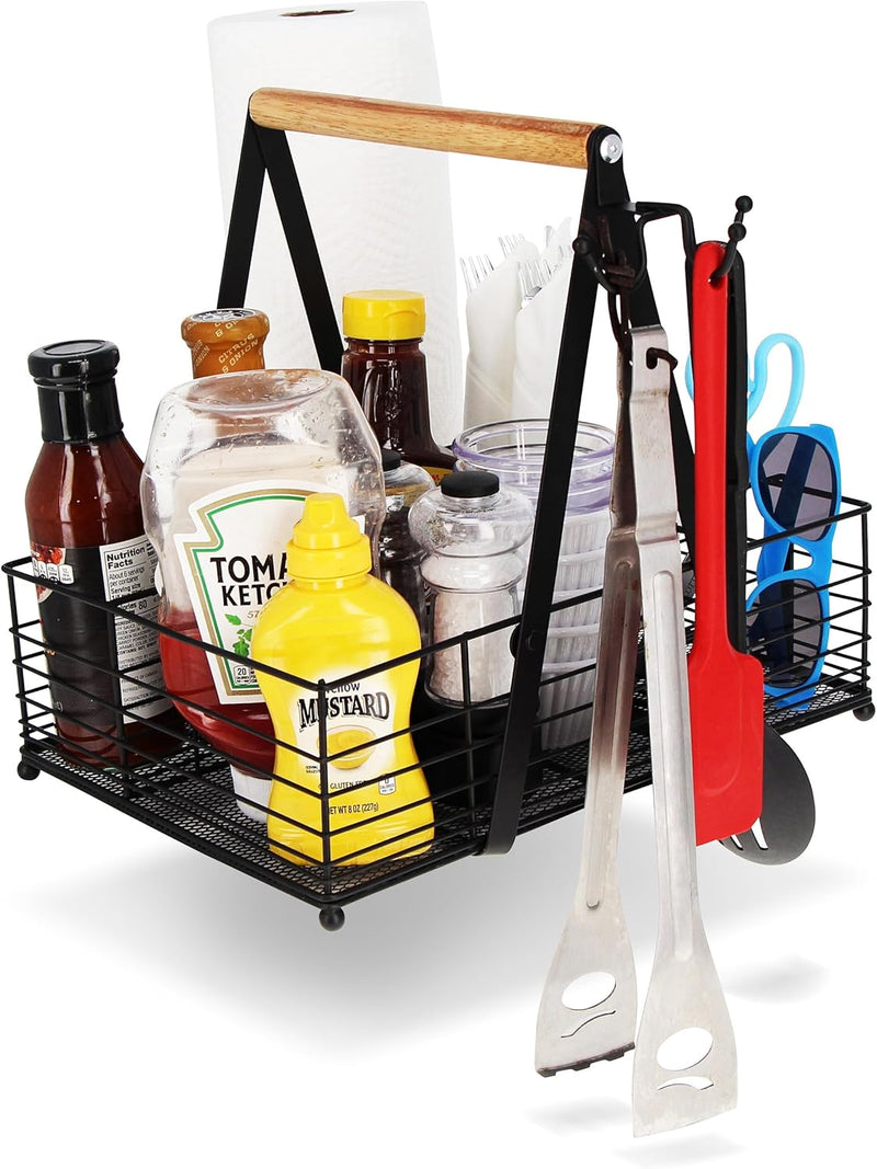 7PENN PICNIC CADDY WIRE BASKET WITH WOOD HANDLE