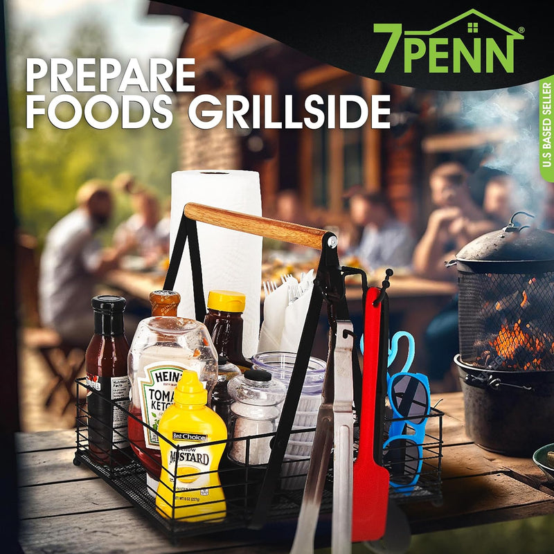 7PENN PICNIC CADDY WIRE BASKET WITH WOOD HANDLE