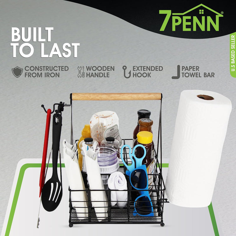 7PENN PICNIC CADDY WIRE BASKET WITH WOOD HANDLE