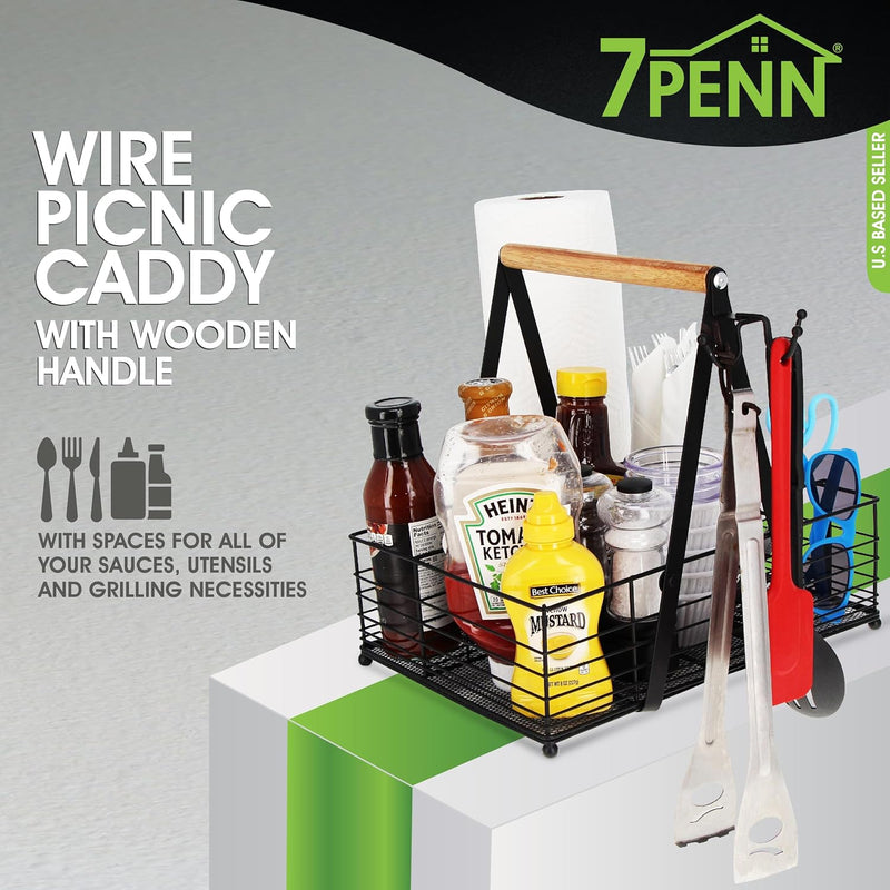 7PENN PICNIC CADDY WIRE BASKET WITH WOOD HANDLE