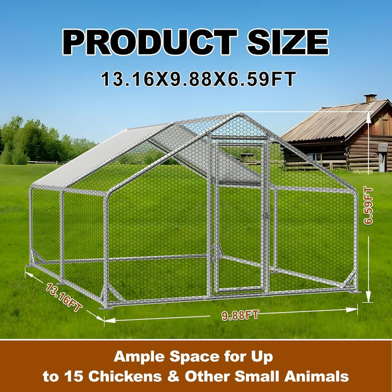 10X13.2X6.4 Foot Metal Chicken Coop with Cover Large Metal for Chickens, Ducks, Other Small Animals. Yard/Farm/Ranch Outdoor Fresh Egg Supplies.