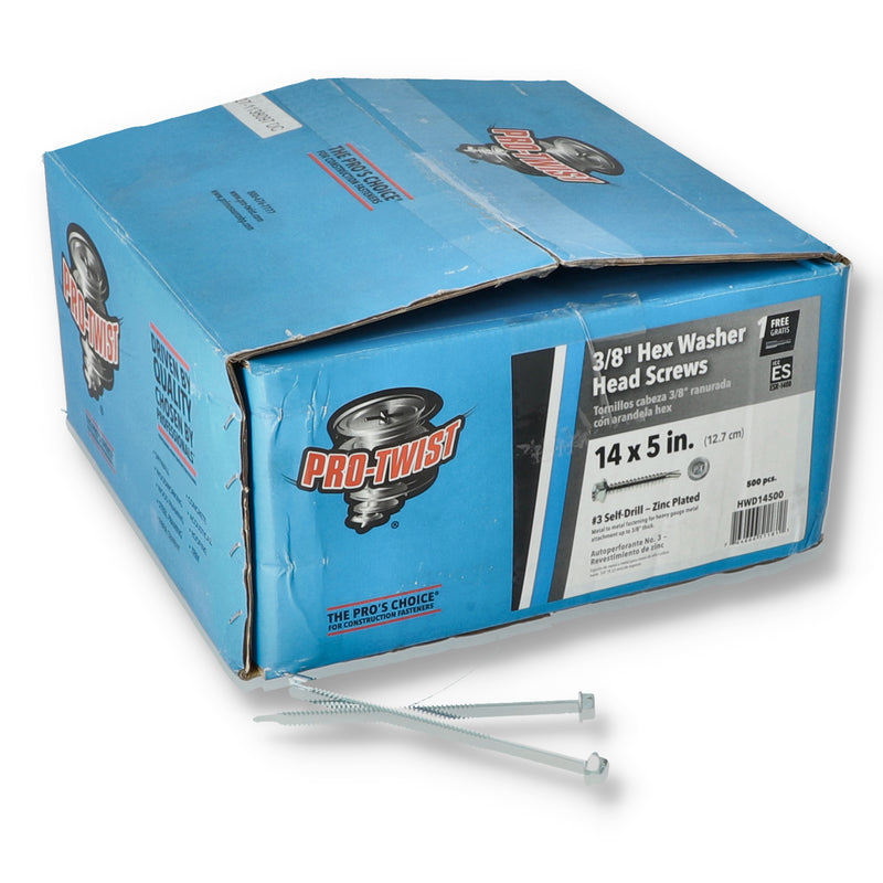PRO-TWIST 500pc 3/8'' HEX WASHER SCREWS #14x5'' #3 SELF DRILL